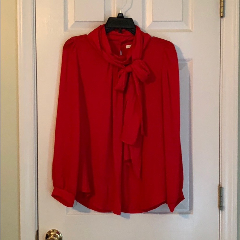 Red tie neck long sleeve top from Vestique